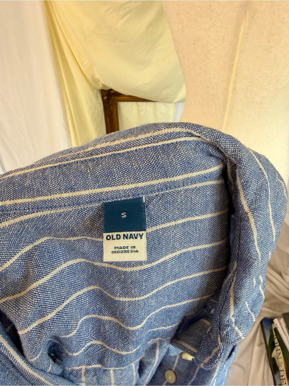 Linen Blue Striped Short-Sleeve Button-Down Shirt Dress Old Nave S - Picture 5 of 5